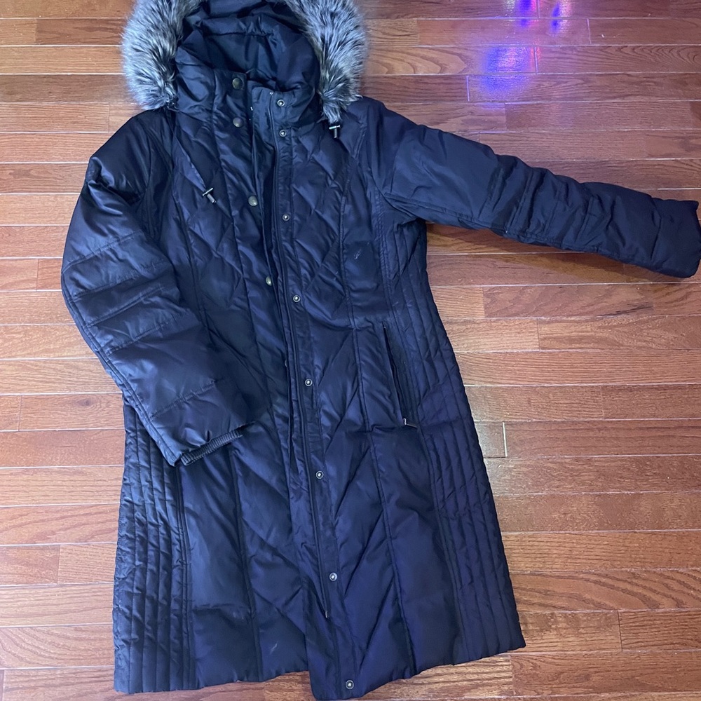 London Fog Women's brown Puffer Coat with Faux Fur Hood